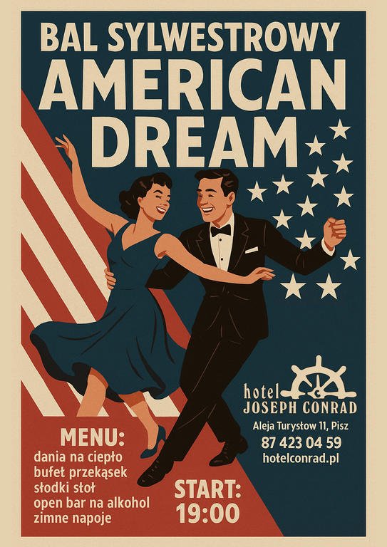 Bal sylwestrowy AMERICAN DREAM nad jeziorem na Mazurach z noclegiem w hotelu