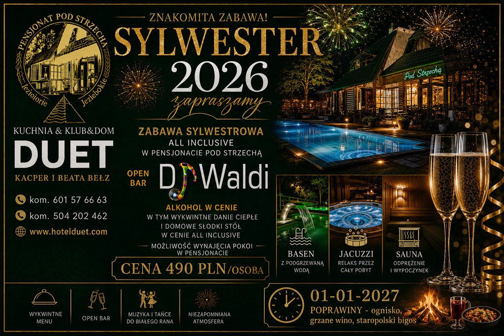Bal sylwestrowy nad jeziorem Głebokie Pensjonat Pod Strzechą OPEN BAR